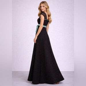 Jessica McClintock Retro Inspired Gunne Sax Line Gown Black and Aqua polka dots.